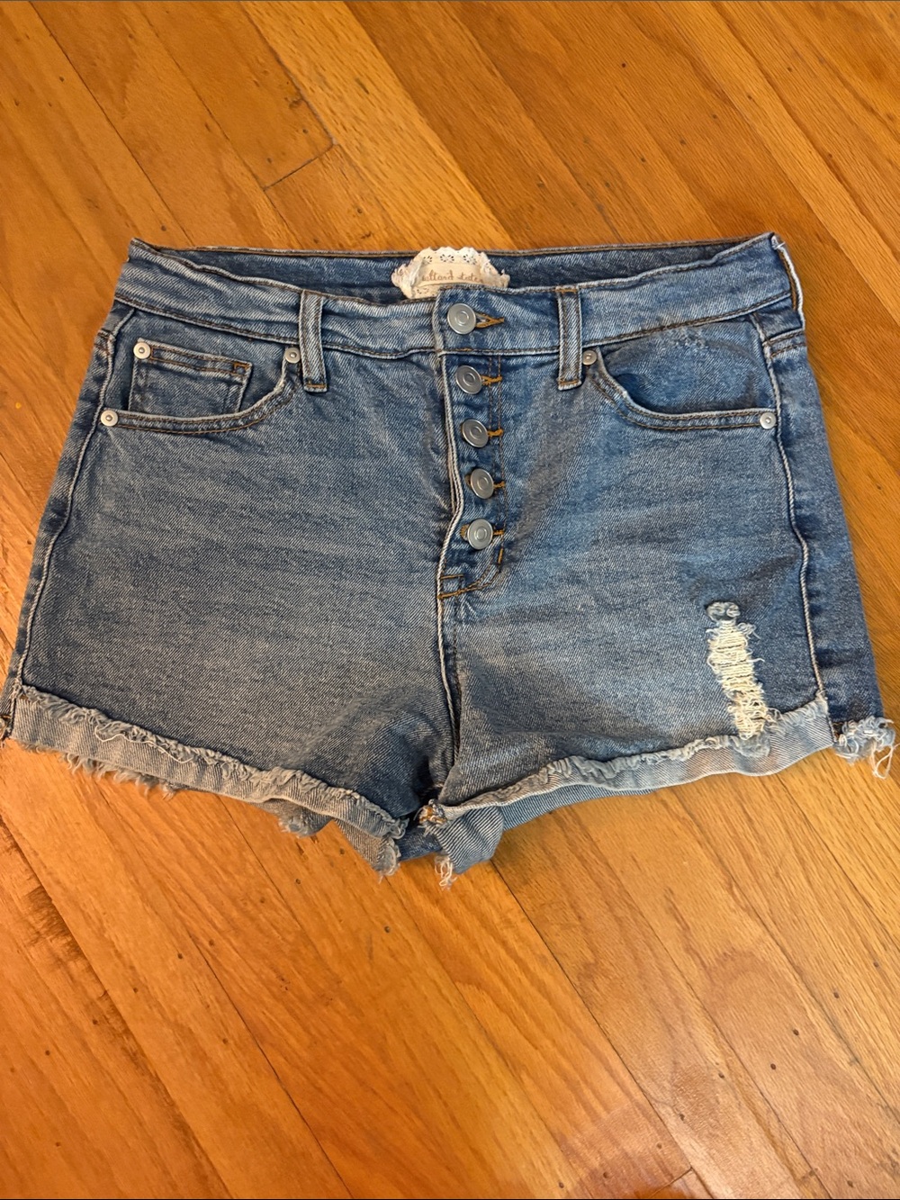 Altar'd State Medium Blue Distressed Button-Front Denim Shorts